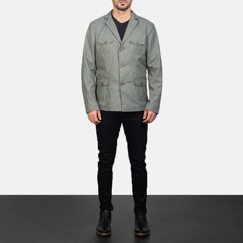 Kajetan Grey Safari Kurtka Skórzana Męska - Lateral Side Profile View Showing Sleeve Cut &amp; Athletic Taper Fit