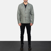 Kajetan Grey Safari Kurtka Skórzana Męska - Lateral Side Profile View Showing Sleeve Cut &amp; Athletic Taper Fit