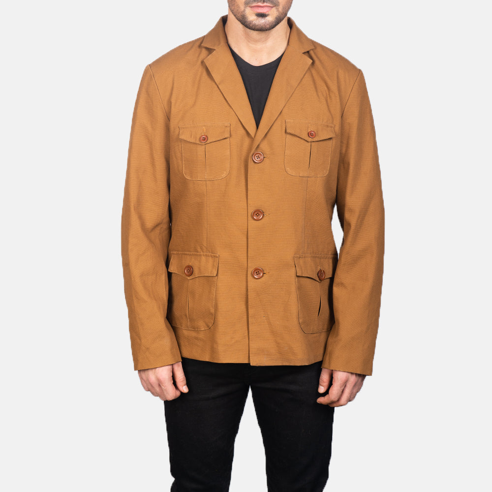 
Szczegółowe zbliżenie of Notch & Button Hardware on Kajetan Khaki Safari Kurtka Skórzana Męska