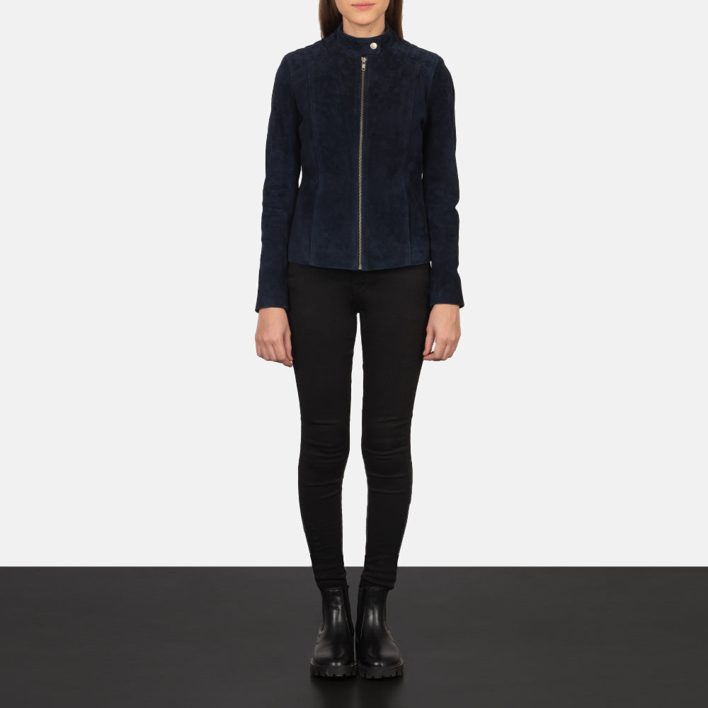 Women's Kelsee Navy Blue Suede Biker Jacket - Lateral Side Profile View Showing Sleeve Cut &amp; Athletic Taper Fit