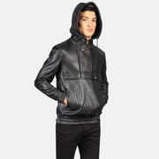 Close-Up Detail of Classic Collar &amp; Heavy-Duty Zipper Hardware on Men's Kenton Hooded Blue Suede Pullover Jacket