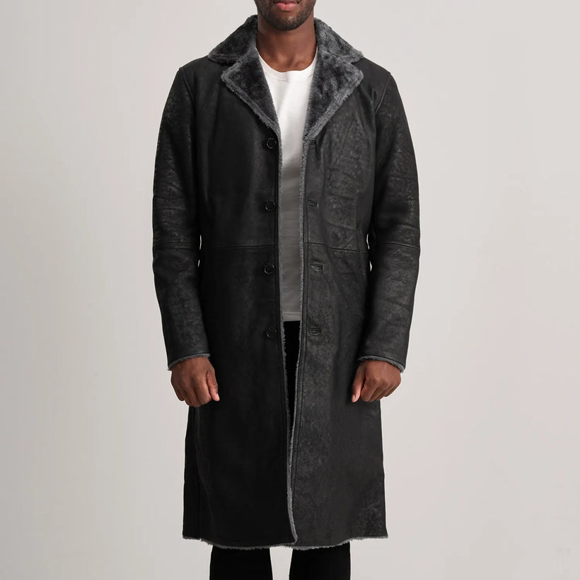 Kolby Distressed Czarny Leather Shearling Skórzany Płaszcz Męska