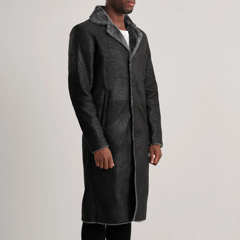 Kolby Distressed Czarny Leather Shearling Skórzany Płaszcz Męska