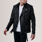 Kole Czarna Leather Double Rider Kurtka Skórzana Męska For Men in Black Sheepskin Leather - Front Profile View &amp; Tailored Silhouette | Buy Online