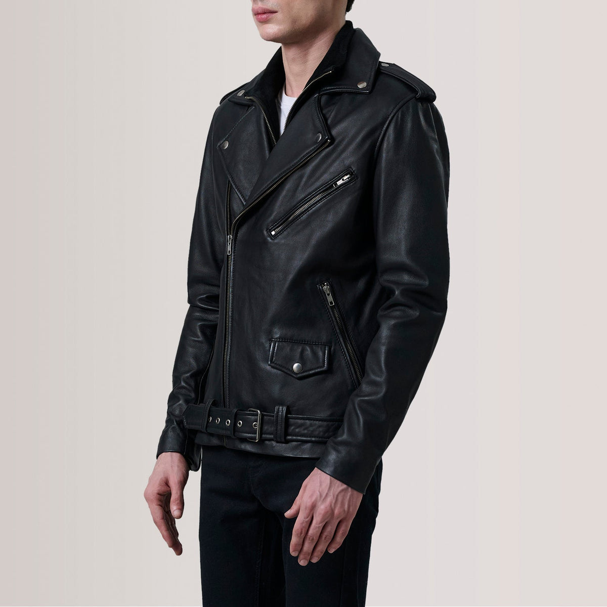 Kole Czarna Leather Double Rider Kurtka Skórzana Męska For Men - Lateral Side Profile View Showing Sleeve Cut &amp; Athletic Taper Fit