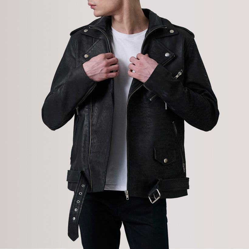 Kole Distressed Czarny Leather Double Rider Kurtka Skórzana Męska