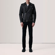 
Distressed Black Sheepskin Snuffed Biker Jacket - Widok z tyłu z dopasowanymi ramionami i czystym dołem