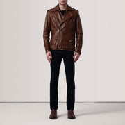 
Distressed Brown Sheepskin Burnished Biker Jacket - Widok z tyłu z dopasowanymi ramionami i czystym dołem