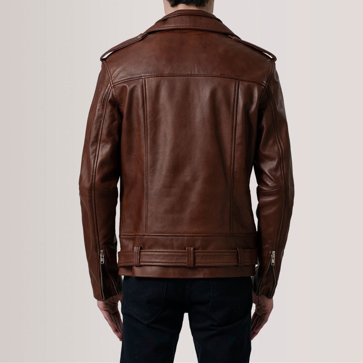 
Szczegółowe zbliżenie of Notch & Zipper & Waist Straps Hardware on Kole Waxed Brązowy Leather Double Rider Kurtka Skórzana Męska
