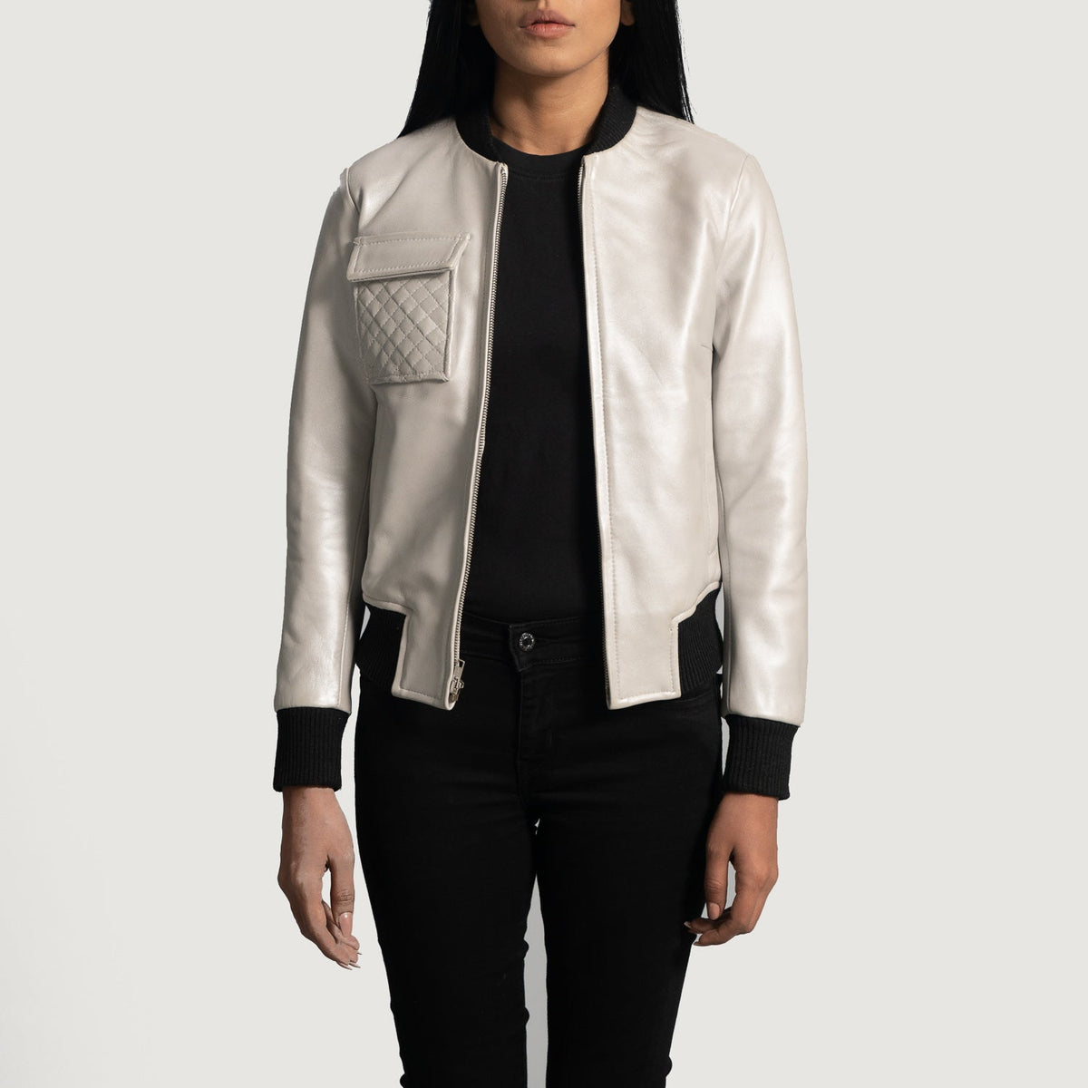 Women's Lana Silver Skórzana Kurtka Bomberka Damska in Silver Sheepskin Leather - Front Profile View &amp; Tailored Silhouette | Buy Online