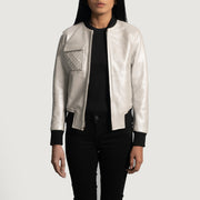 Women's Lana Silver Skórzana Kurtka Bomberka Damska in Silver Sheepskin Leather - Front Profile View &amp; Tailored Silhouette | Buy Online