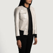 Women's Lana Silver Skórzana Kurtka Bomberka Damska - Lateral Side Profile View Showing Sleeve Cut &amp; Athletic Taper Fit