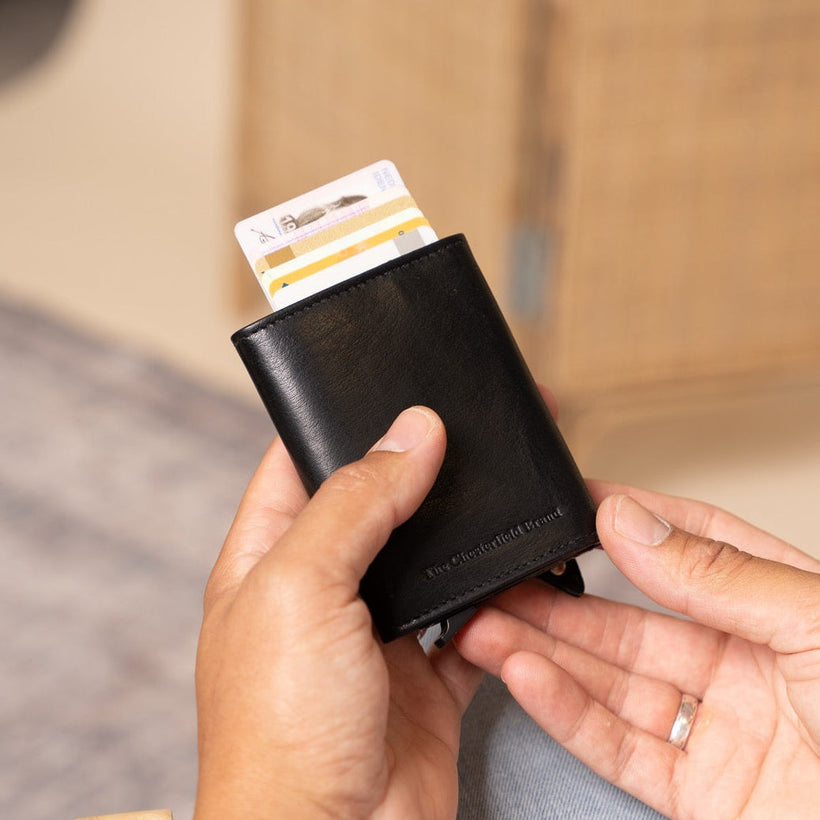 Classic 100% Full-Grain Leather Card Holder - Rear Perspective Showing Reinforced Leather Straps & Stitching