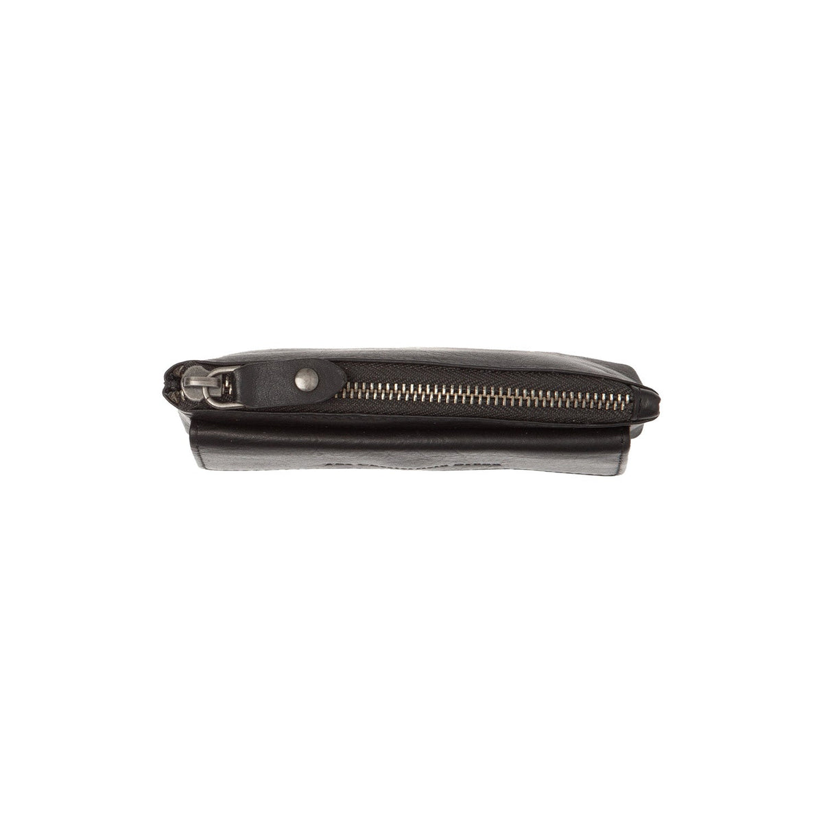 Close-Up Detail of Classic Collar &amp; Heavy-Duty Zipper Hardware on Violette Full-Grain Leather Key Case Damska