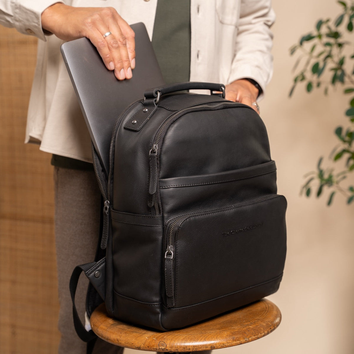 Austin Full-Grain Leather Laptop Backpack - Structured Side Profile Showing Gusset Depth &amp; Expansion Capacity