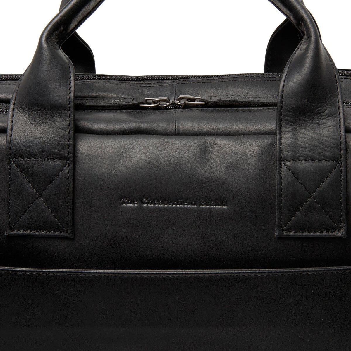 
Solid Antique Brass Hardware & Heavy-Duty Dual Zipper Detail on Frazer Skórzana torba na laptopa