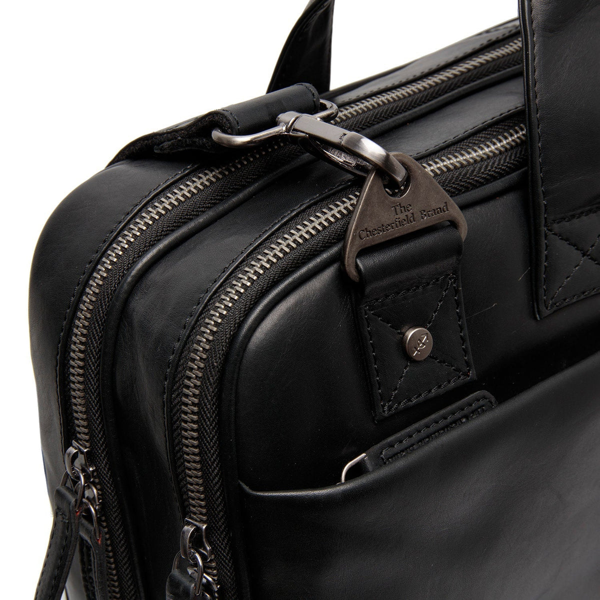 Solid Antique Brass Hardware &amp; Heavy-Duty Dual Zipper Detail on Iseo Full-Grain Leather Laptop Bag Męska