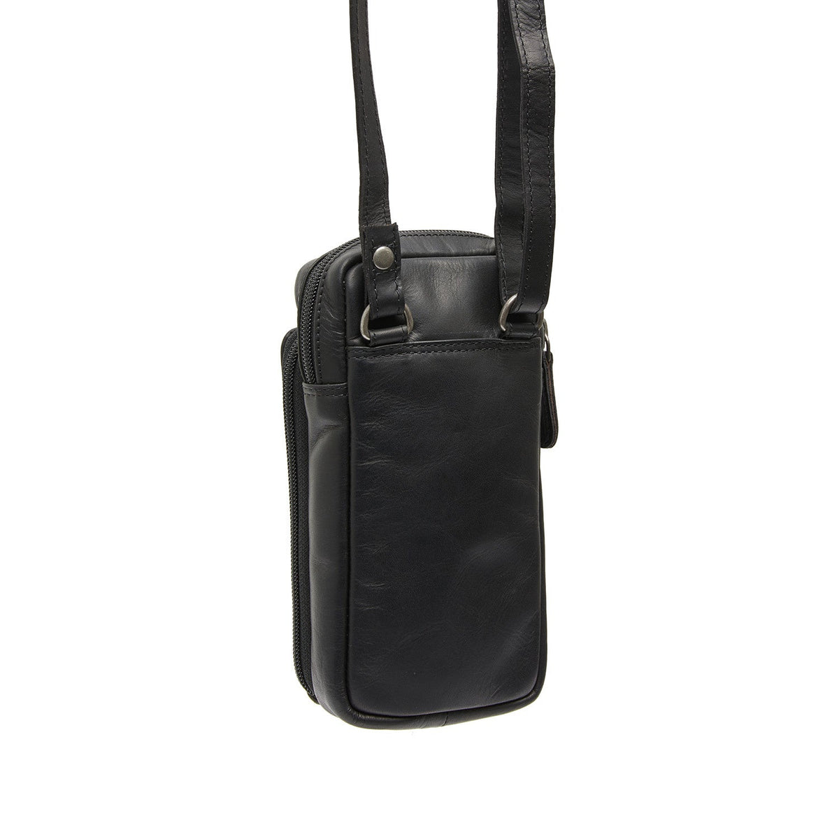 Styled Fit Perspective of Valdes Full-Grain Leather Phone Bag Damska on Model - Natural Daylight Drape