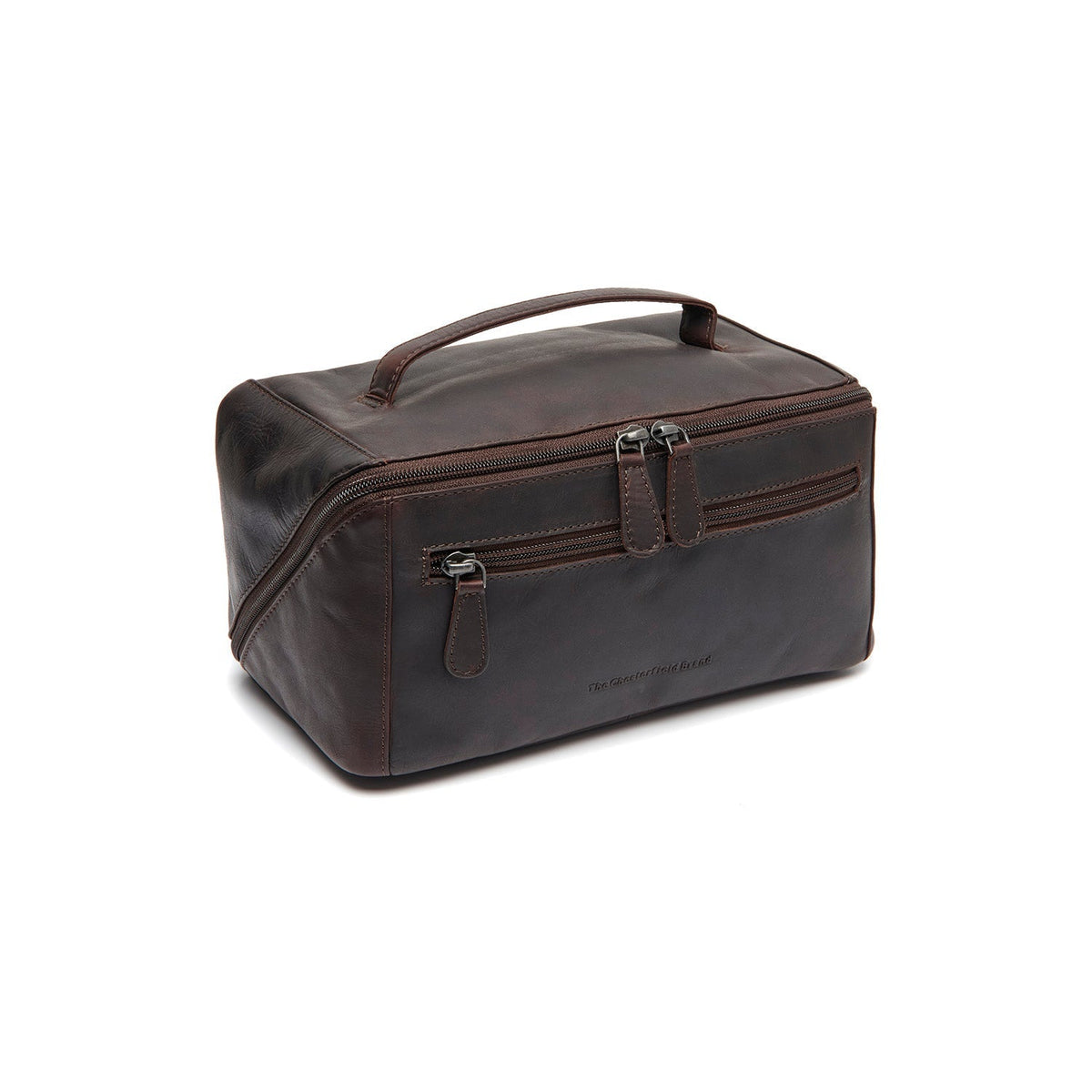 Styled Fit Perspective of Trevia Full-Grain Leather Toiletry Bag Damska on Model - Natural Daylight Drape