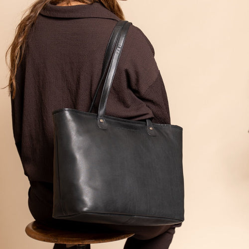 Tan 100% Full-Grain leather Bag - Rear Perspective Showing Reinforced Leather Straps & Stitching