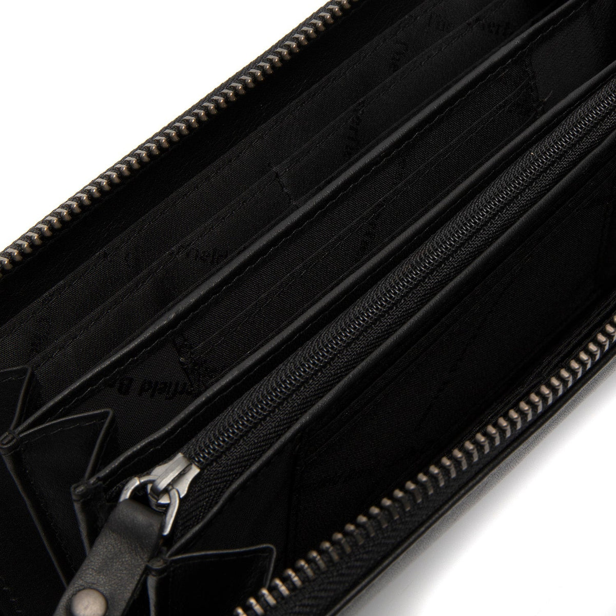 Solid Antique Brass Hardware &amp; Heavy-Duty Dual Zipper Detail on Cantara Full-Grain Leather Wallet Damska