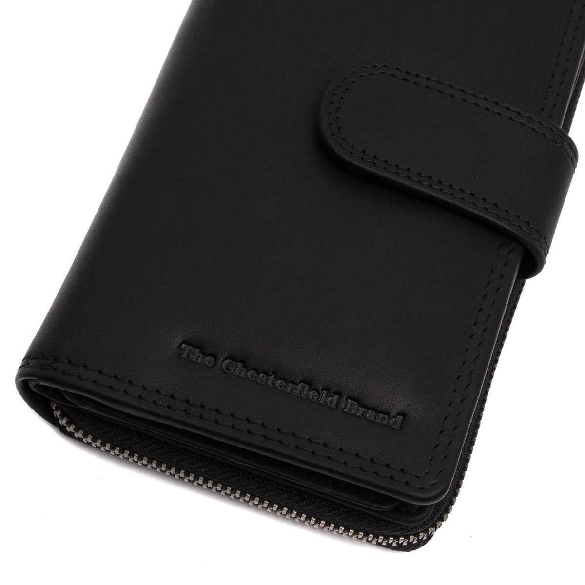 Solid Antique Brass Hardware &amp; Heavy-Duty Dual Zipper Detail on Charlotte Full-Grain Leather Wallet Damska