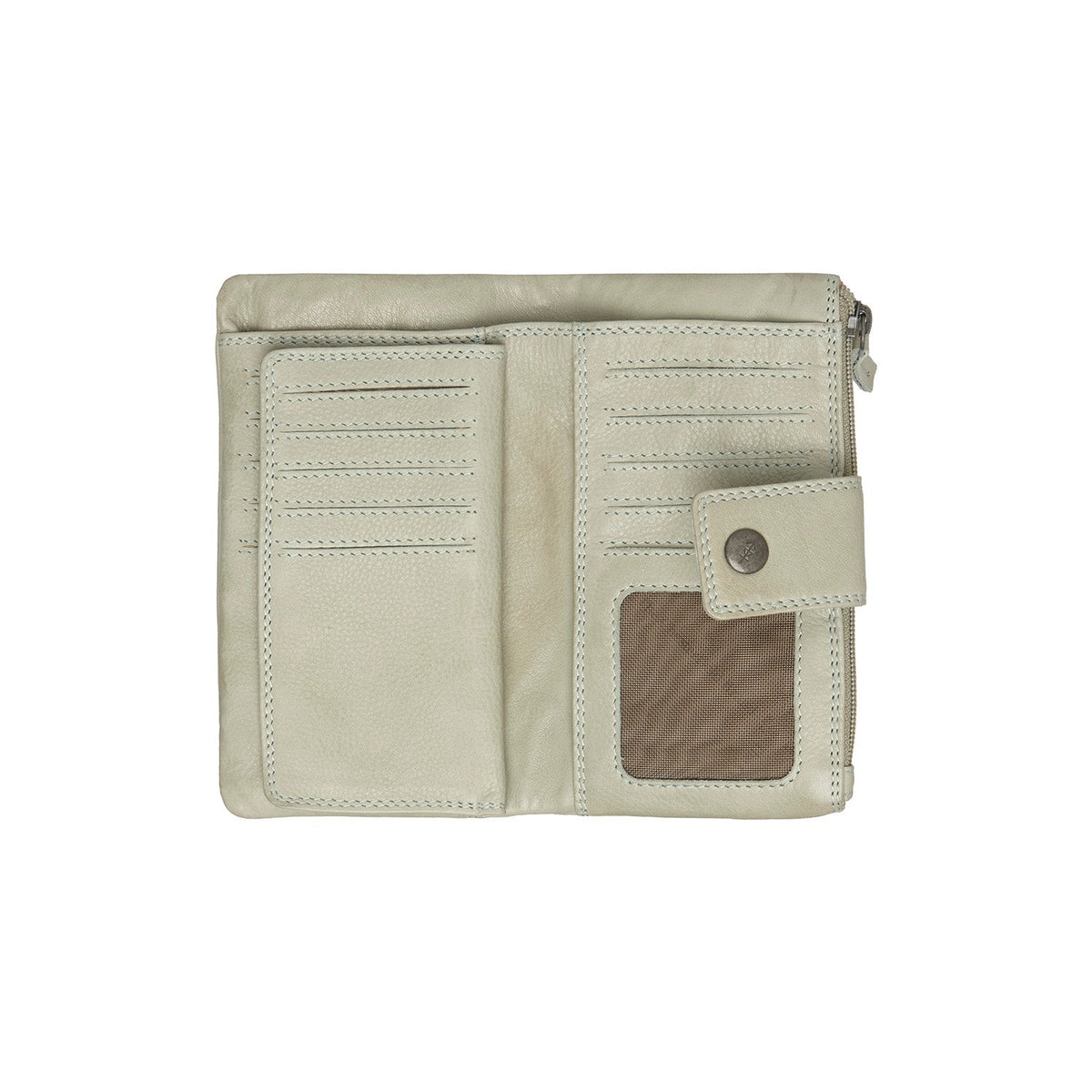 
Solid Antique Brass Hardware & Heavy-Duty Dual Zipper Detail on Fresno Skórzany portfel