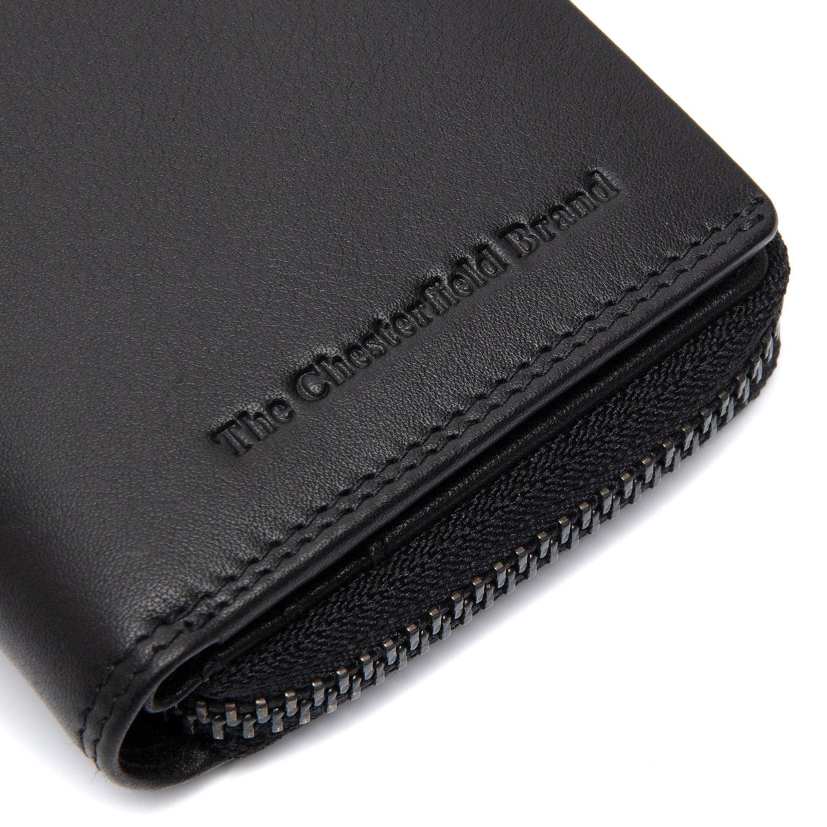 Solid Antique Brass Hardware &amp; Heavy-Duty Dual Zipper Detail on Lenwick Full-Grain Leather Wallet Damska