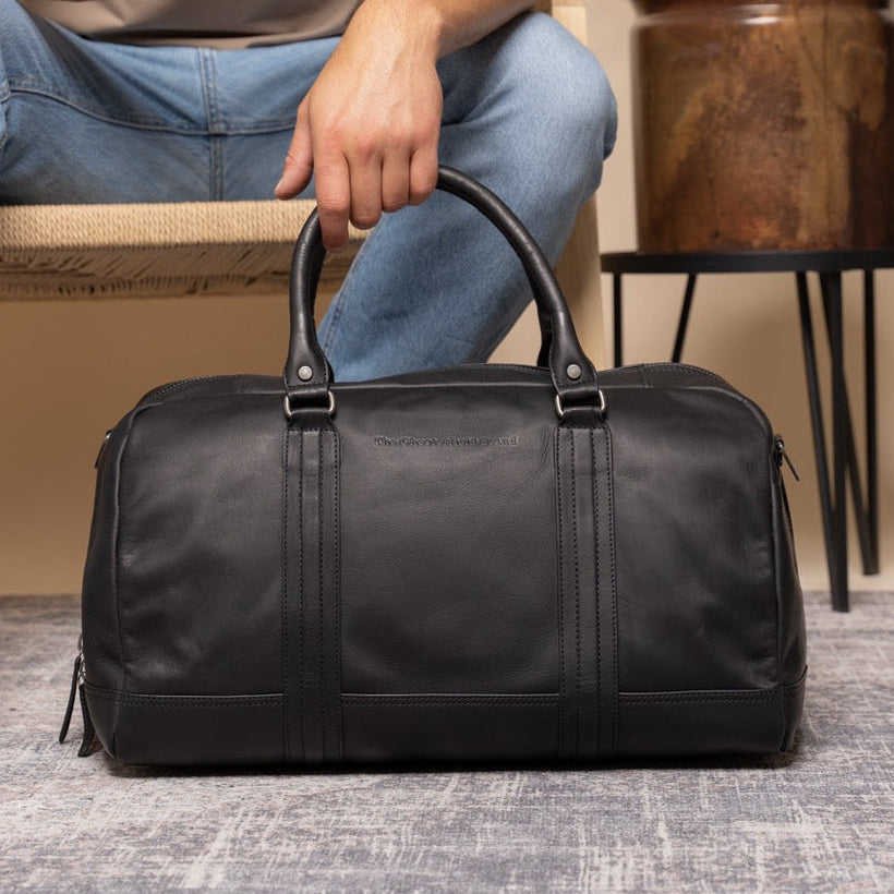 Classic 100% Full-Grain Leather Duffle Bag - Rear Perspective Showing Reinforced Leather Straps & Stitching