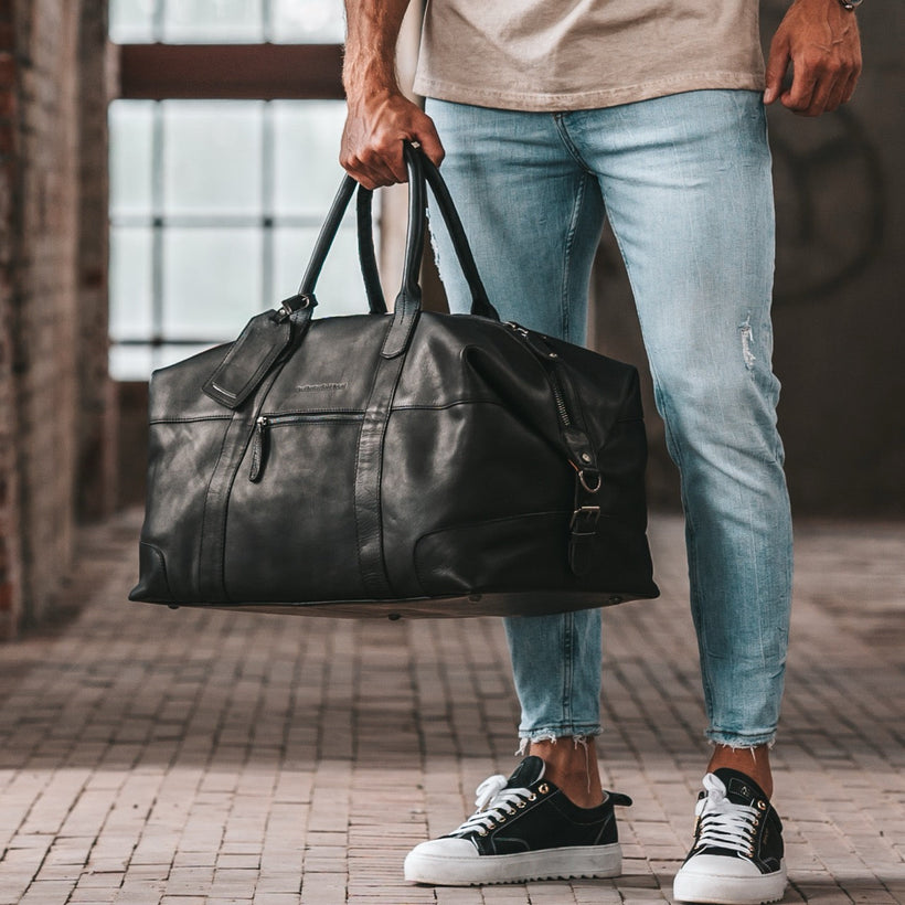 Classic 100% Full-Grain Leather Duffle Bag - Rear Perspective Showing Reinforced Leather Straps & Stitching