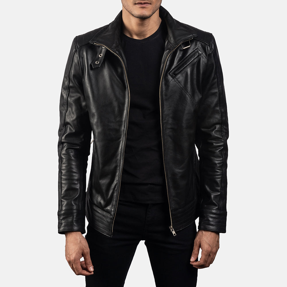 Men's Legacy Czarna Skórzana Ramoneska Męska in Black Cowhide Leather - Front Profile View &amp; Tailored Silhouette | Buy Online