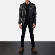 Men's Legacy Czarna Skórzana Ramoneska Męska - Lateral Side Profile View Showing Sleeve Cut &amp; Athletic Taper Fit