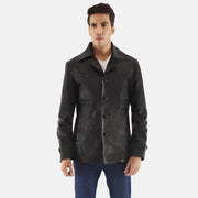 Leo Czarna Skórzany Płaszcz Męska in Black Cowhide Leather - Front Profile View &amp; Tailored Silhouette | Buy Online