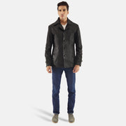 Leo Czarna Skórzany Płaszcz Męska - Lateral Side Profile View Showing Sleeve Cut &amp; Athletic Taper Fit