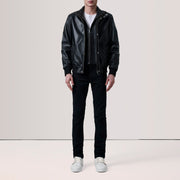 Brown Goatskin Suede Bomber Jacket - Back View Showing Tailored Shoulder Fit &amp; Clean Hemline