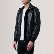 Lester Brązowa Suede Skórzana Kurtka Bomberka Męska For Men - Lateral Side Profile View Showing Sleeve Cut &amp; Athletic Taper Fit