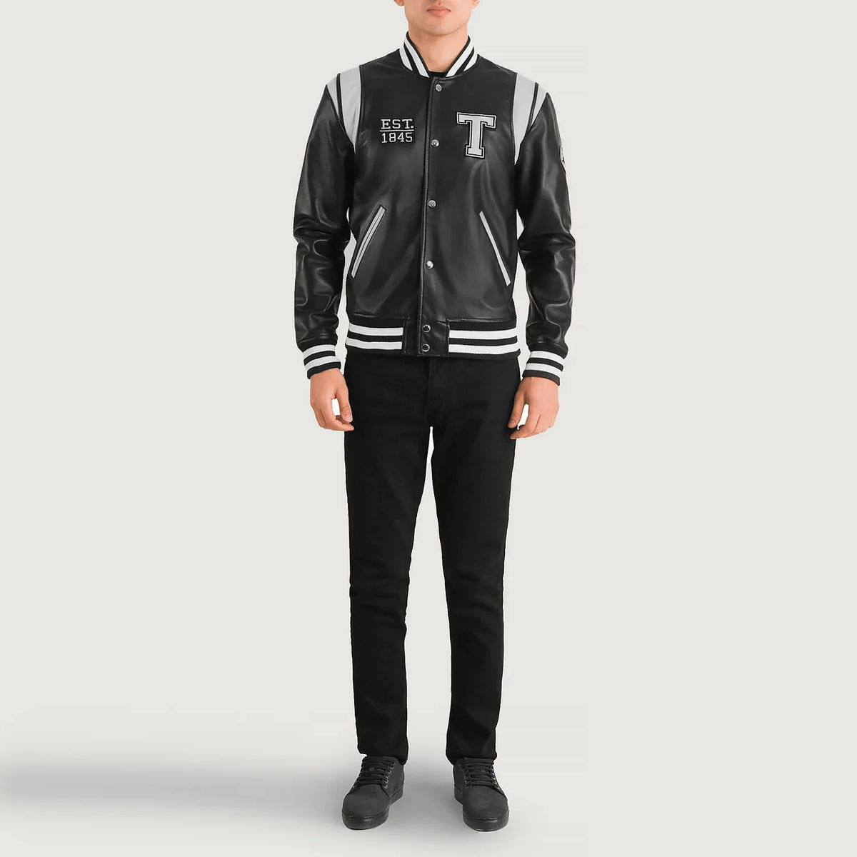 Liberte Texas Czarna Leather Varsity Kurtka Skórzana Męska - Lateral Side Profile View Showing Sleeve Cut &amp; Athletic Taper Fit