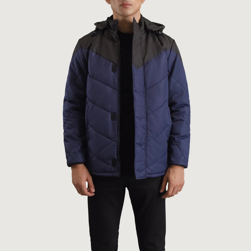 Luka Czarny & Niebieski Hooded Puffer Kurtka Skórzana Męska