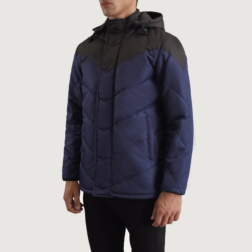 Luka Czarny & Niebieski Hooded Puffer Kurtka Skórzana Męska