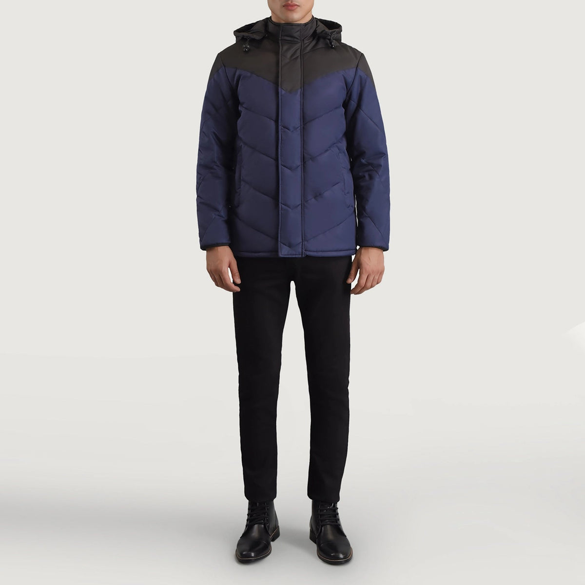 
Luka Czarny & Niebieski Hooded Puffer Kurtka Skórzana Męska - Widok z boku z ergonomicznym krojem rękawa