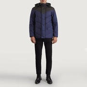
Luka Czarny & Niebieski Hooded Puffer Kurtka Skórzana Męska - Widok z boku z ergonomicznym krojem rękawa