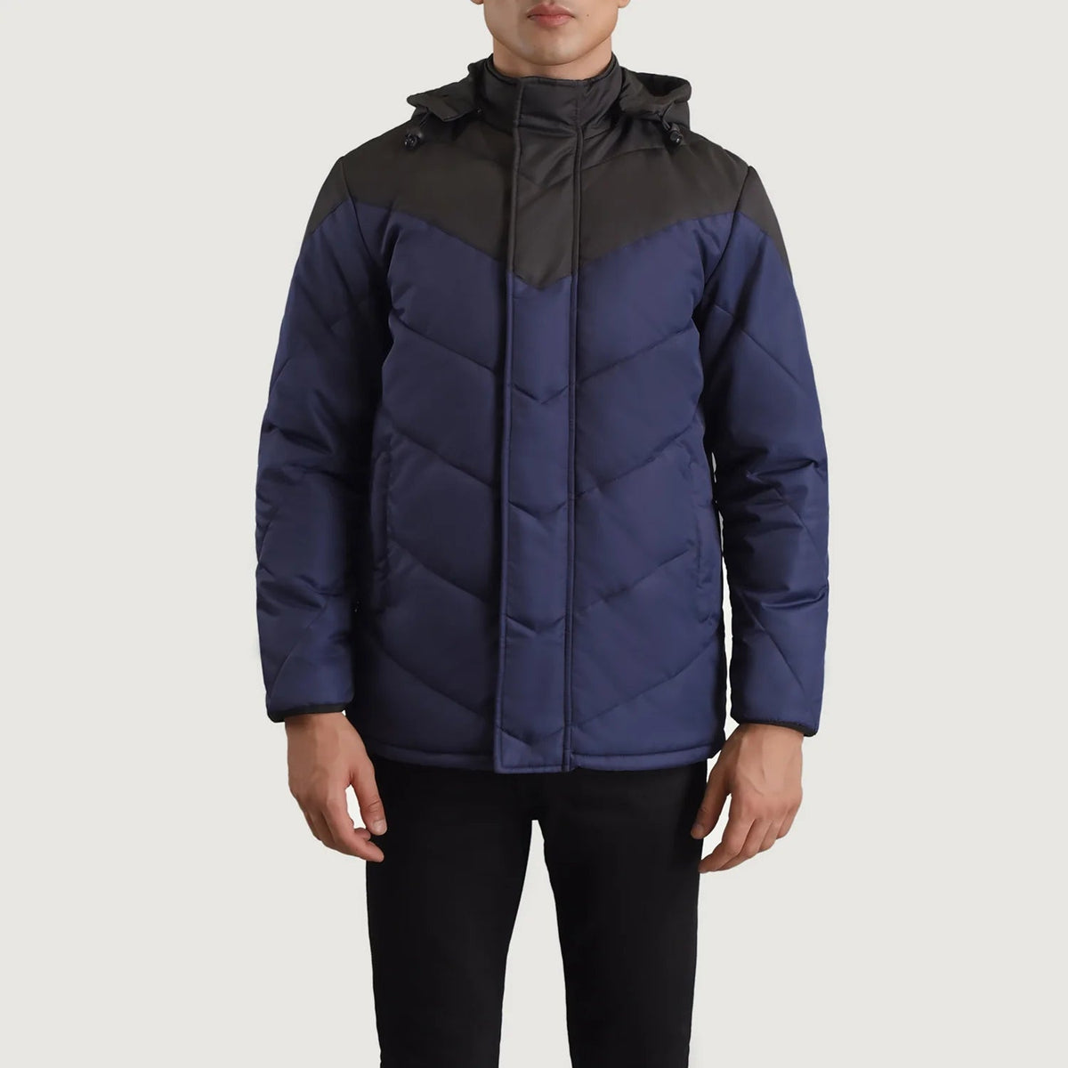 
Szczegółowe zbliżenie of Classic Collar & Zipper With Velcro Placket Hardware on Luka Czarny & Niebieski Hooded Puffer Kurtka Skórzana Męska