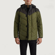 
Luka Czarny & Oliwkowy Hooded Puffer Kurtka Skórzana Męska in Black & Green Full-Grain Leather - Widok z przodu i dopasowana sylwetka | Kup online w oficjalnym sklepie