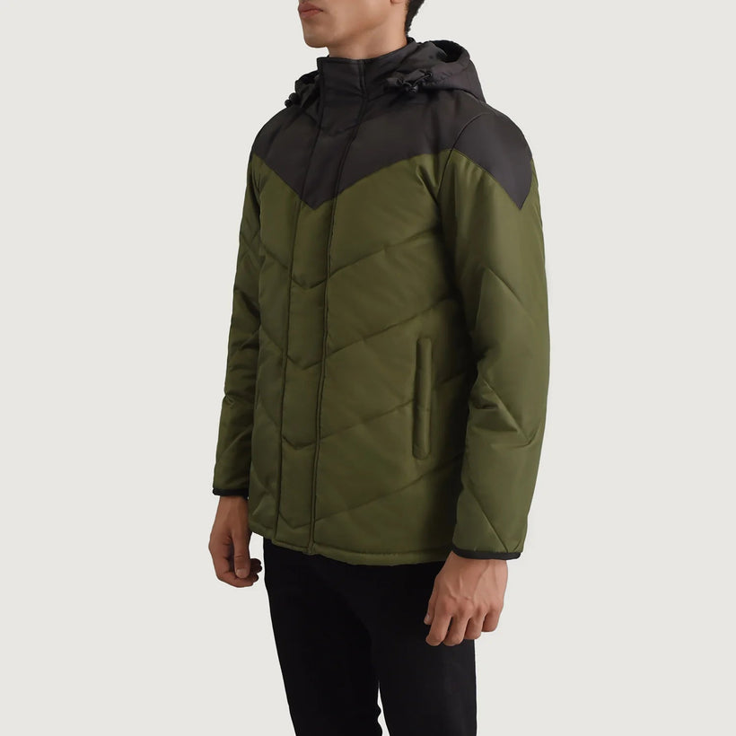 Luka Czarny & Oliwkowy Hooded Puffer Kurtka Skórzana Męska