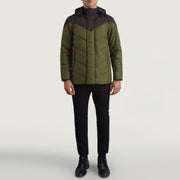 
Luka Czarny & Oliwkowy Hooded Puffer Kurtka Skórzana Męska - Widok z boku z ergonomicznym krojem rękawa