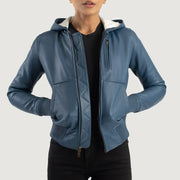 
Luna Blue Hooded Leather Bomber Jacket in Blue Sheepskin Leather - Widok z przodu i dopasowana sylwetka | Kup online w oficjalnym sklepie