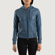 
Szczegółowe zbliżenie of Hooded & Zipper Hardware on Luna Blue Hooded Leather Bomber Jacket