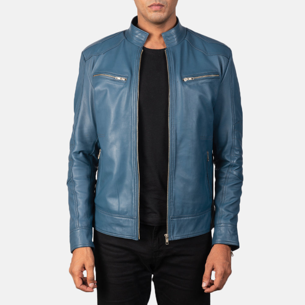 Mack Blue Skórzana Ramoneska Męska in Blue Sheepskin Leather - Front Profile View &amp; Tailored Silhouette | Buy Online