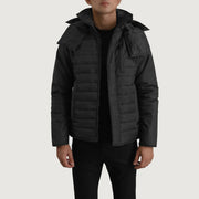 
Malcolm Czarny Hooded Puffer Kurtka Skórzana Męska z czarnej prawdziwej skóry bydlęcej - Widok z przodu i dopasowana sylwetka | Kup online w oficjalnym sklepie