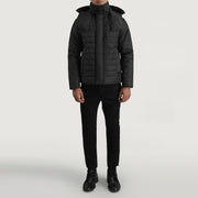 
Malcolm Czarny Hooded Puffer Kurtka Skórzana Męska - Widok z boku z ergonomicznym krojem rękawa